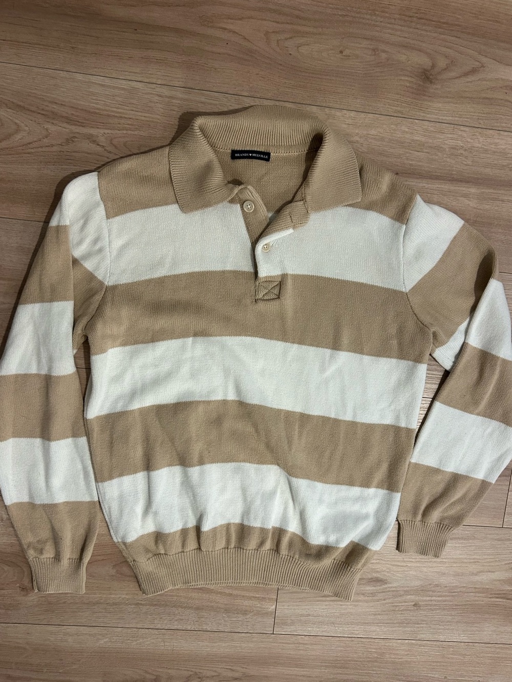 Brandy Melville Beige and Cream Striped V-Neck Polo Sweater